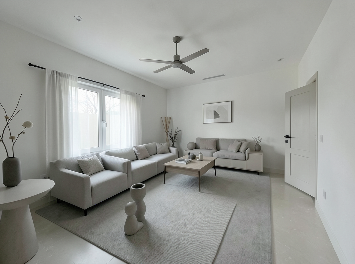 Main redesign studio: Redesign this room in a Minimalist interior style: an uncluttered space, a monochrome neutral palette, a few sculptural pieces, concealed storage, sof
