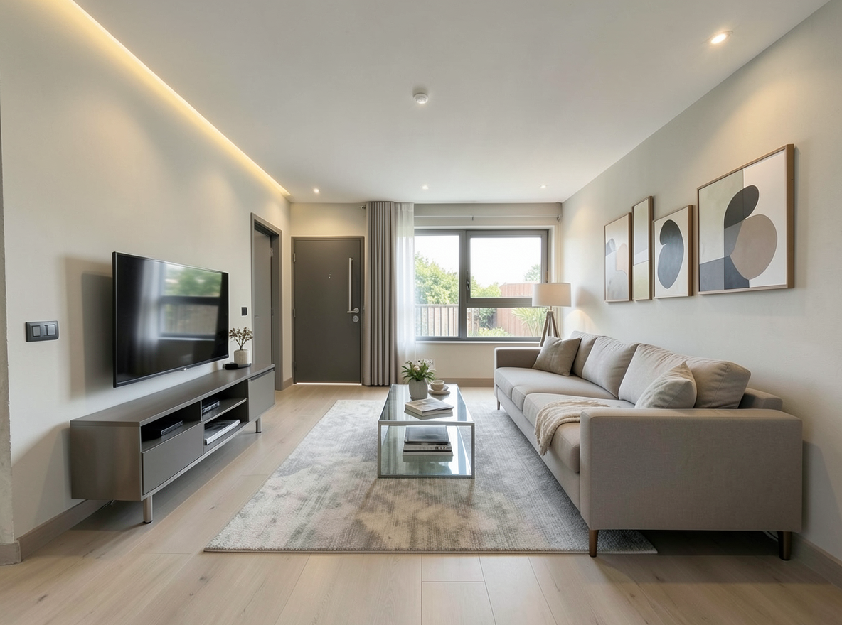 Main redesign studio: Redesign this room in a Modern interior style: clean lines, a neutral palette with bold accents, sleek low-profile furniture, glass and matte-metal su