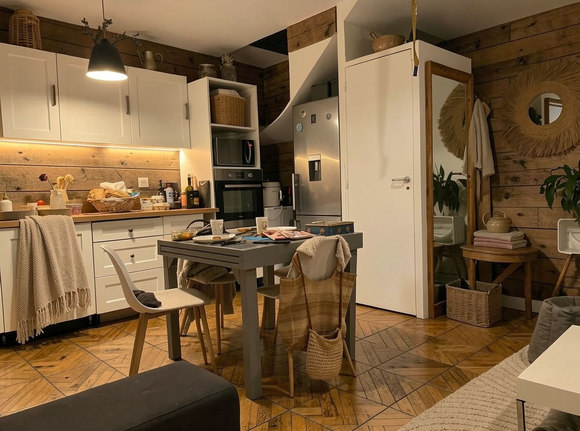 Main redesign studio: Redesign this room in a Farmhouse interior style: shiplap walls, warm reclaimed wood, matte-black fixtures, cozy neutral textiles, vintage accents, so