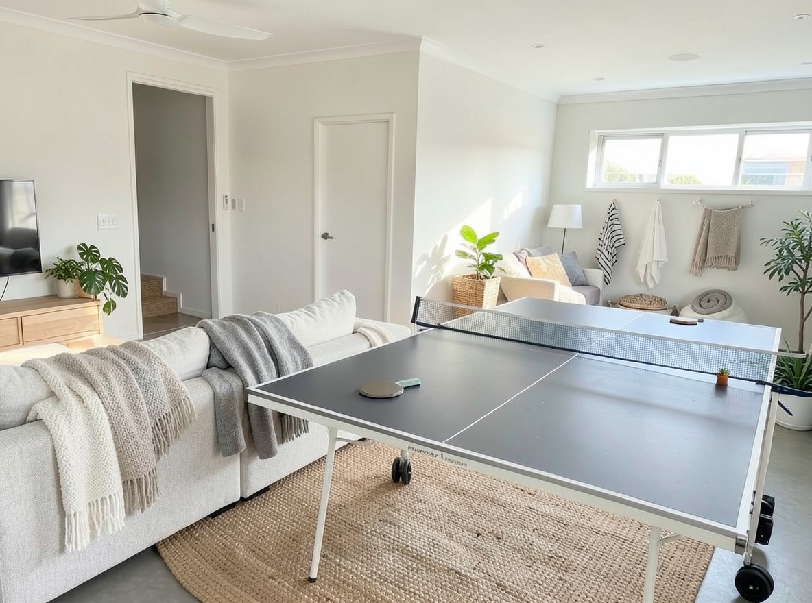 Main redesign studio: Redesign this room in a Scandinavian interior style: light oak wood, a white and soft-grey palette, wool and linen textiles, a woven jute rug, leafy p
