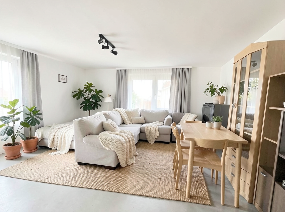 Main redesign studio: Redesign this room in a Scandinavian interior style: light oak wood, a white and soft-grey palette, wool and linen textiles, a woven jute rug, leafy p