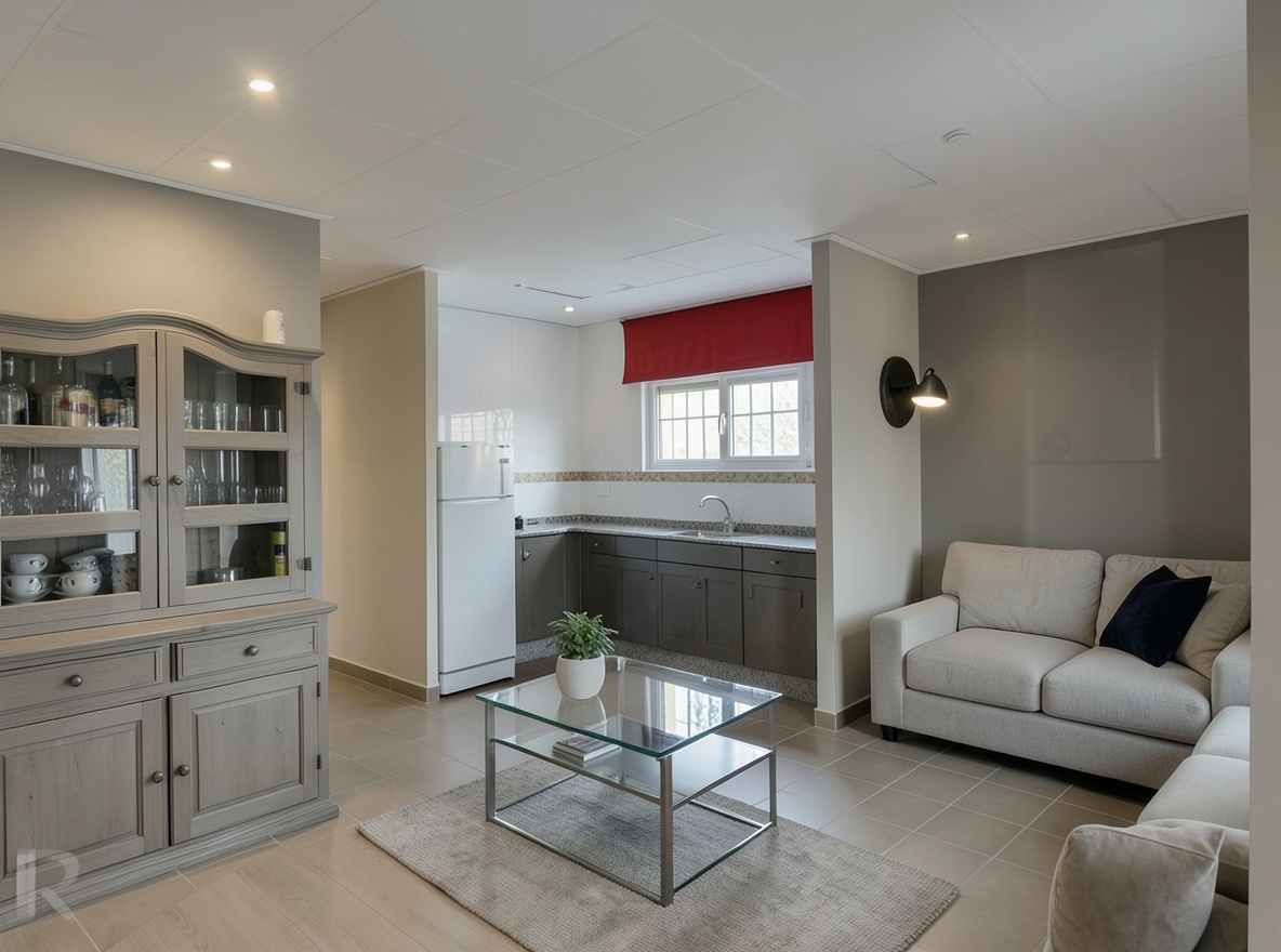 Main redesign studio: Redesign this room in a Modern interior style: clean lines, a neutral palette with bold accents, sleek low-profile furniture, glass and matte-metal su