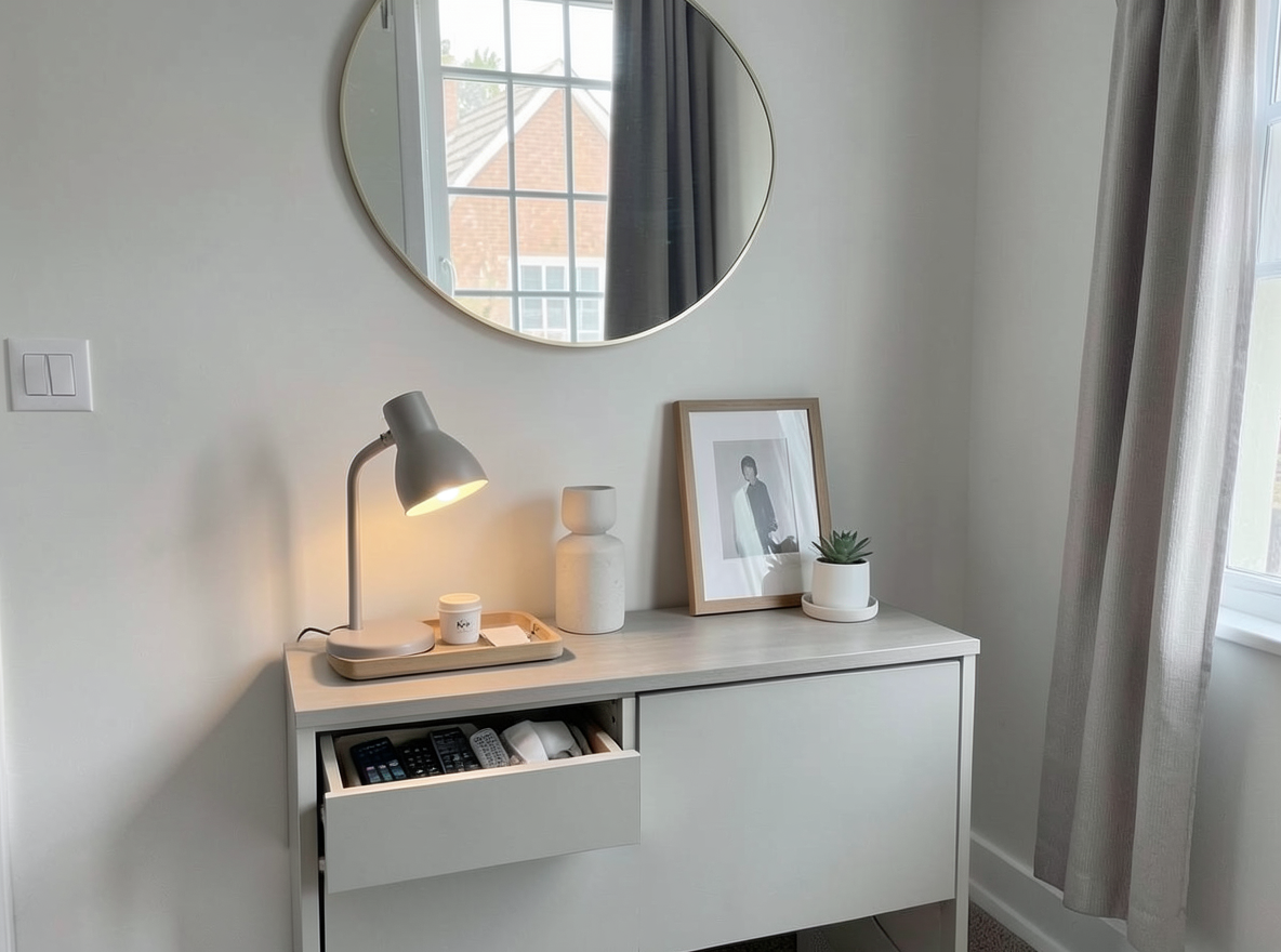 Main redesign studio: Redesign this room in a Minimalist interior style: an uncluttered space, a monochrome neutral palette, a few sculptural pieces, concealed storage, sof