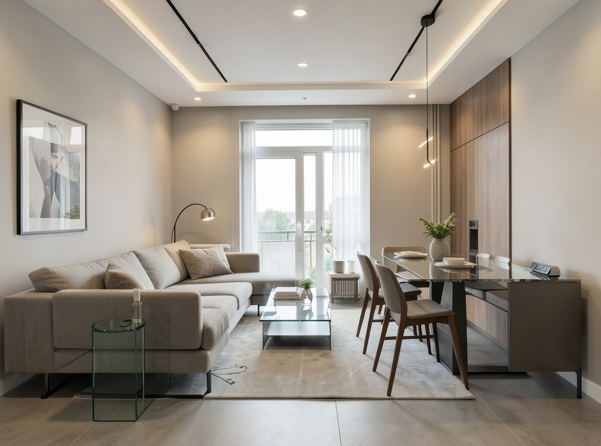 Main redesign studio: Redesign this room in a Modern interior style: clean lines, a neutral palette with bold accents, sleek low-profile furniture, glass and matte-metal su