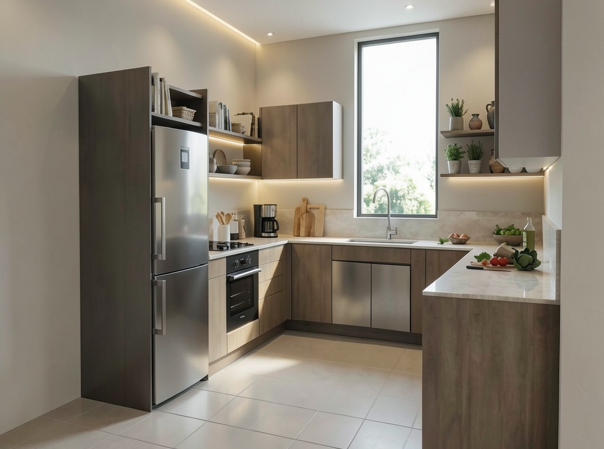 Main redesign studio: Redesign this room in a Modern interior style: clean lines, a neutral palette with bold accents, sleek low-profile furniture, glass and matte-metal su