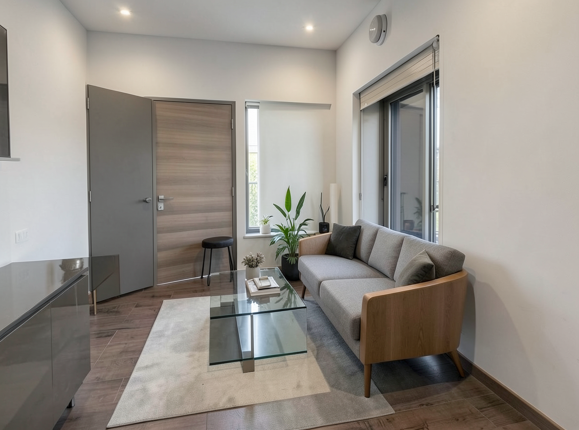Main redesign studio: Redesign this room in a Modern interior style: clean lines, a neutral palette with bold accents, sleek low-profile furniture, glass and matte-metal su