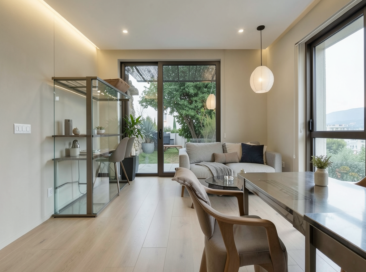 Main redesign studio: Redesign this room in a Modern interior style: clean lines, a neutral palette with bold accents, sleek low-profile furniture, glass and matte-metal su