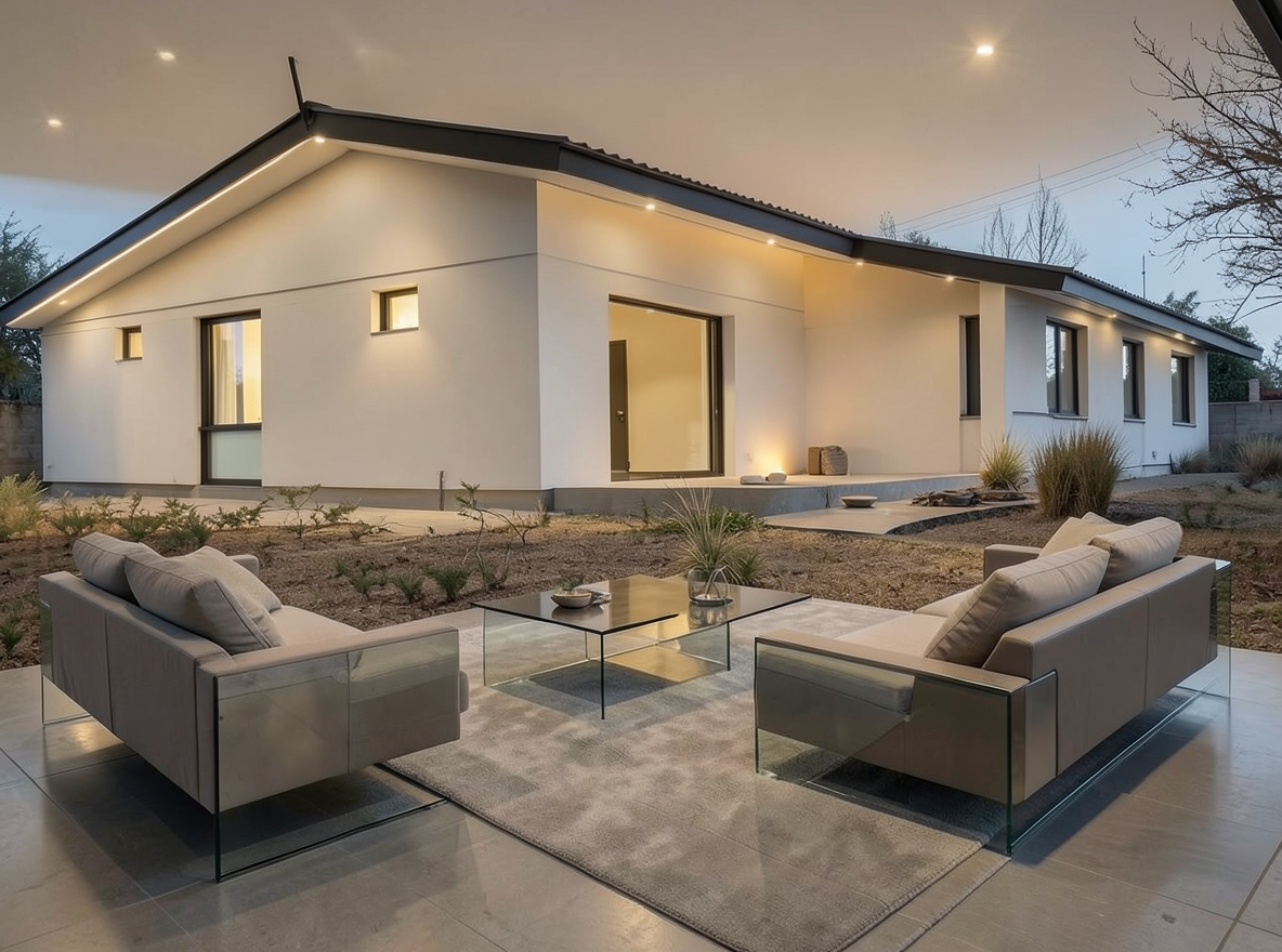 Main redesign studio: Redesign this room in a Modern interior style: clean lines, a neutral palette with bold accents, sleek low-profile furniture, glass and matte-metal su