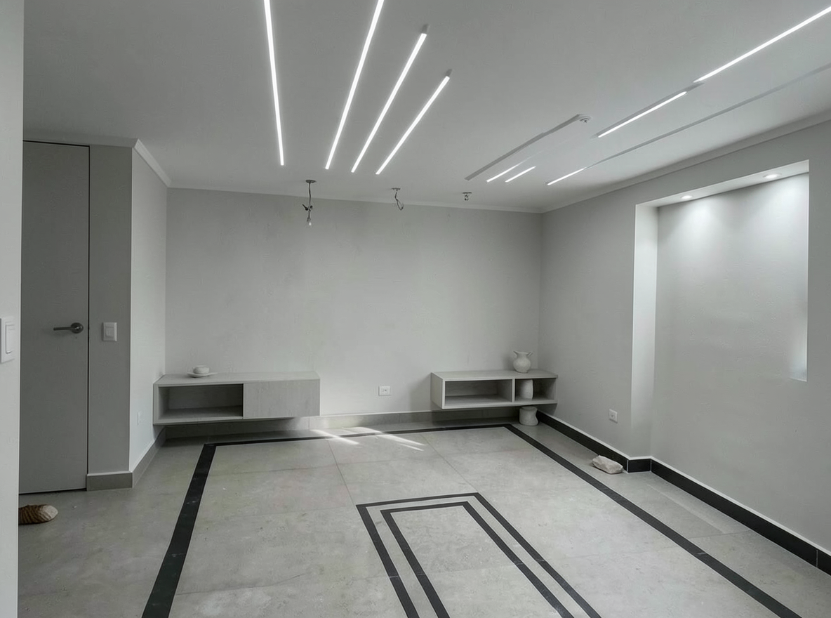 Main redesign studio: Redesign this room in a Minimalist interior style: an uncluttered space, a monochrome neutral palette, a few sculptural pieces, concealed storage, sof
