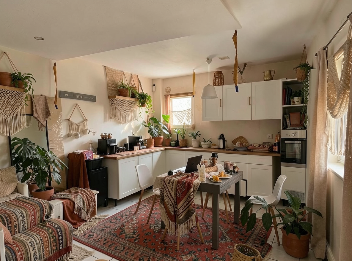 Main redesign studio: Redesign this room in a Boho interior style: layered patterned textiles, rattan and macramé, terracotta and warm earthy tones, abundant plants, vintag