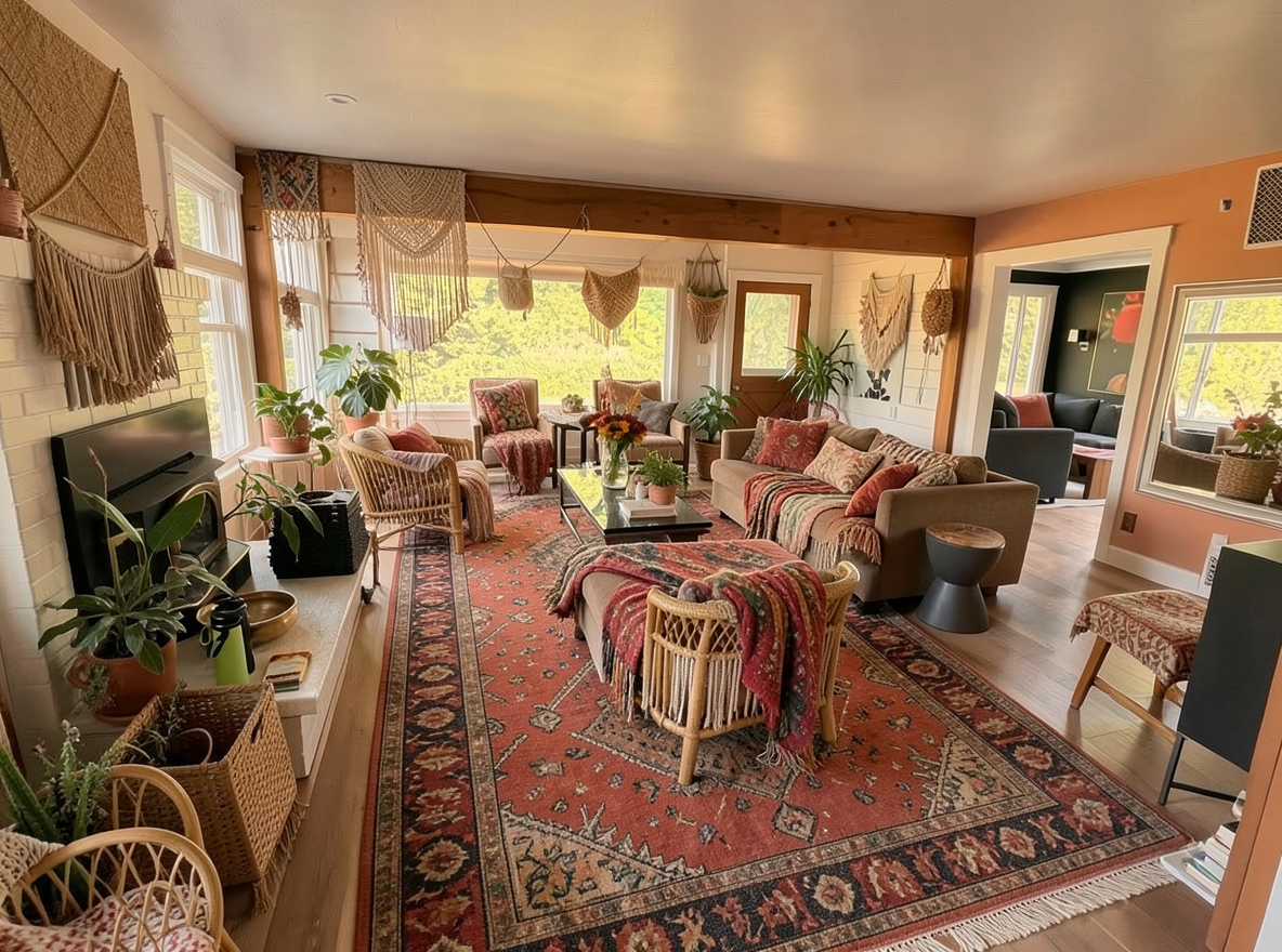 Main redesign studio: Redesign this room in a Boho interior style: layered patterned textiles, rattan and macramé, terracotta and warm earthy tones, abundant plants, vintag