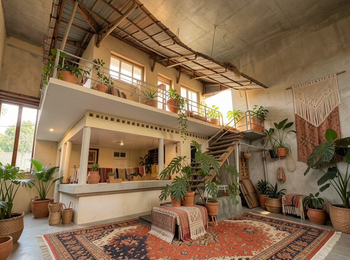 Main redesign studio: Redesign this room in a Boho interior style: layered patterned textiles, rattan and macramé, terracotta and warm earthy tones, abundant plants, vintag