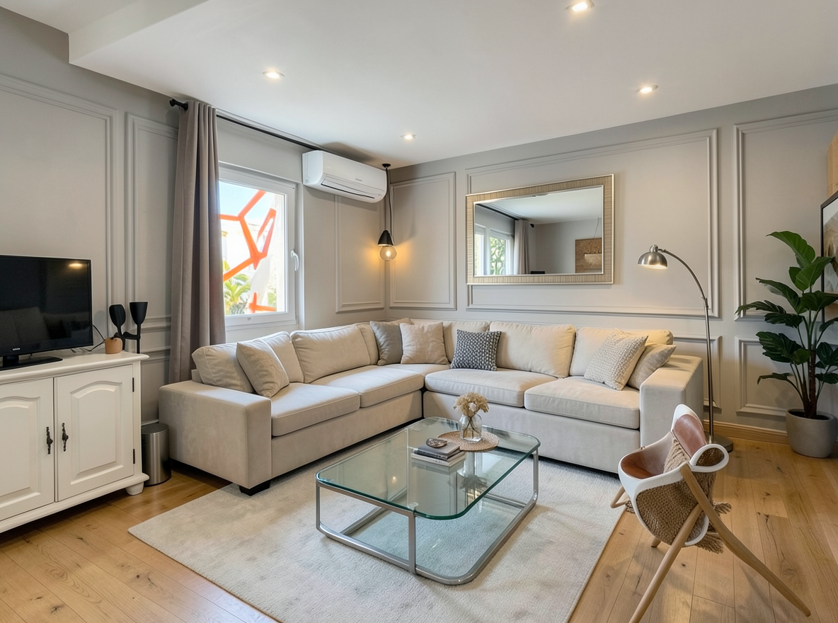 Main redesign studio: Redesign this room in a Modern interior style: clean lines, a neutral palette with bold accents, sleek low-profile furniture, glass and matte-metal su