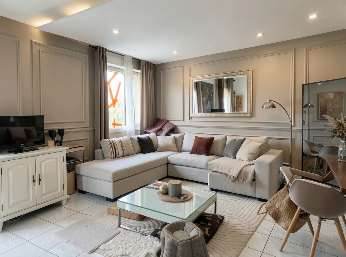 Main redesign studio: Redesign this room in a Modern interior style: clean lines, a neutral palette with bold accents, sleek low-profile furniture, glass and matte-metal su
