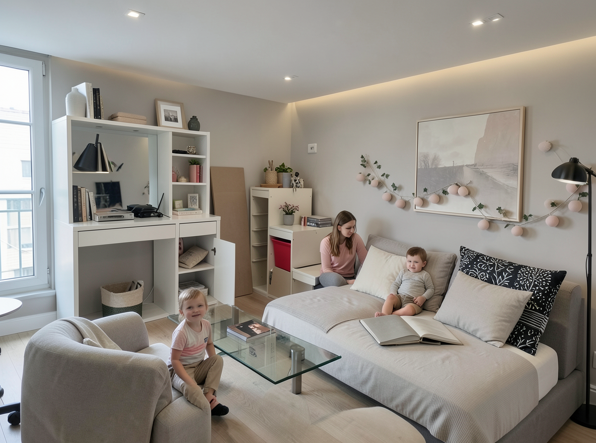 Main redesign studio: Redesign this room in a Modern interior style: clean lines, a neutral palette with bold accents, sleek low-profile furniture, glass and matte-metal su