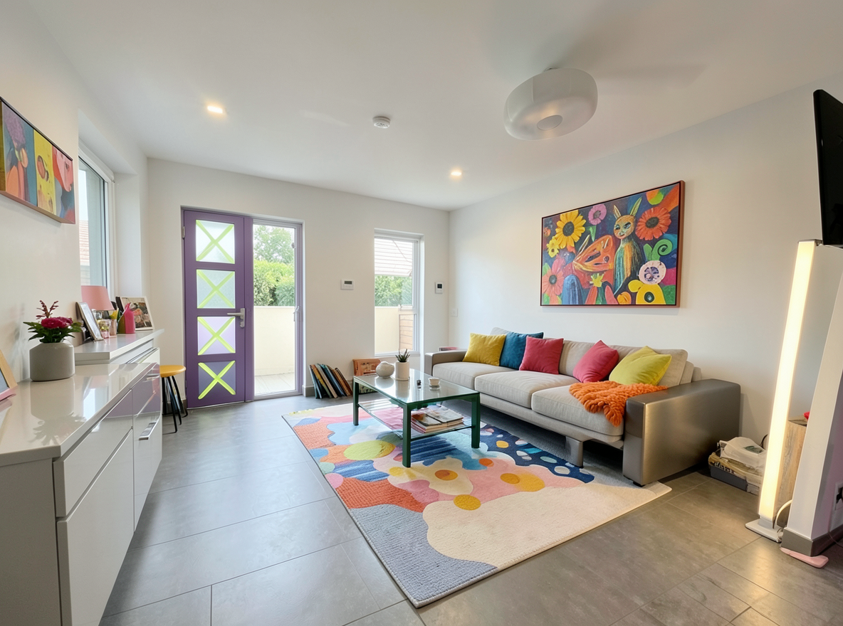 Main redesign studio: Redesign this room in a Modern interior style: clean lines, a neutral palette with bold accents, sleek low-profile furniture, glass and matte-metal su