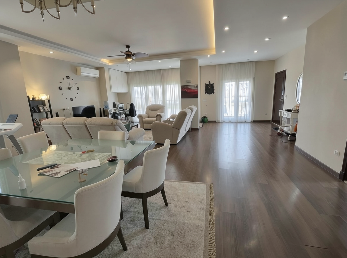 Main redesign studio: Redesign this room in a Modern interior style: clean lines, a neutral palette with bold accents, sleek low-profile furniture, glass and matte-metal su