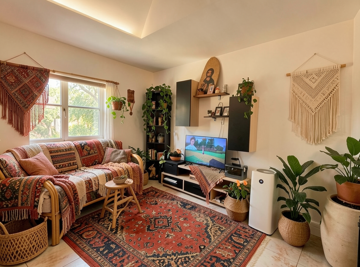 Main redesign studio: Redesign this room in a Boho interior style: layered patterned textiles, rattan and macramé, terracotta and warm earthy tones, abundant plants, vintag