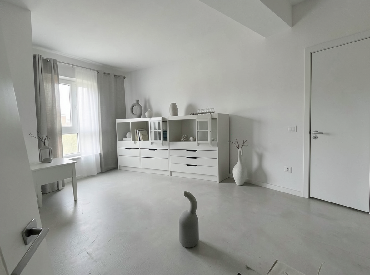 Main redesign studio: Redesign this room in a Minimalist interior style: an uncluttered space, a monochrome neutral palette, a few sculptural pieces, concealed storage, sof