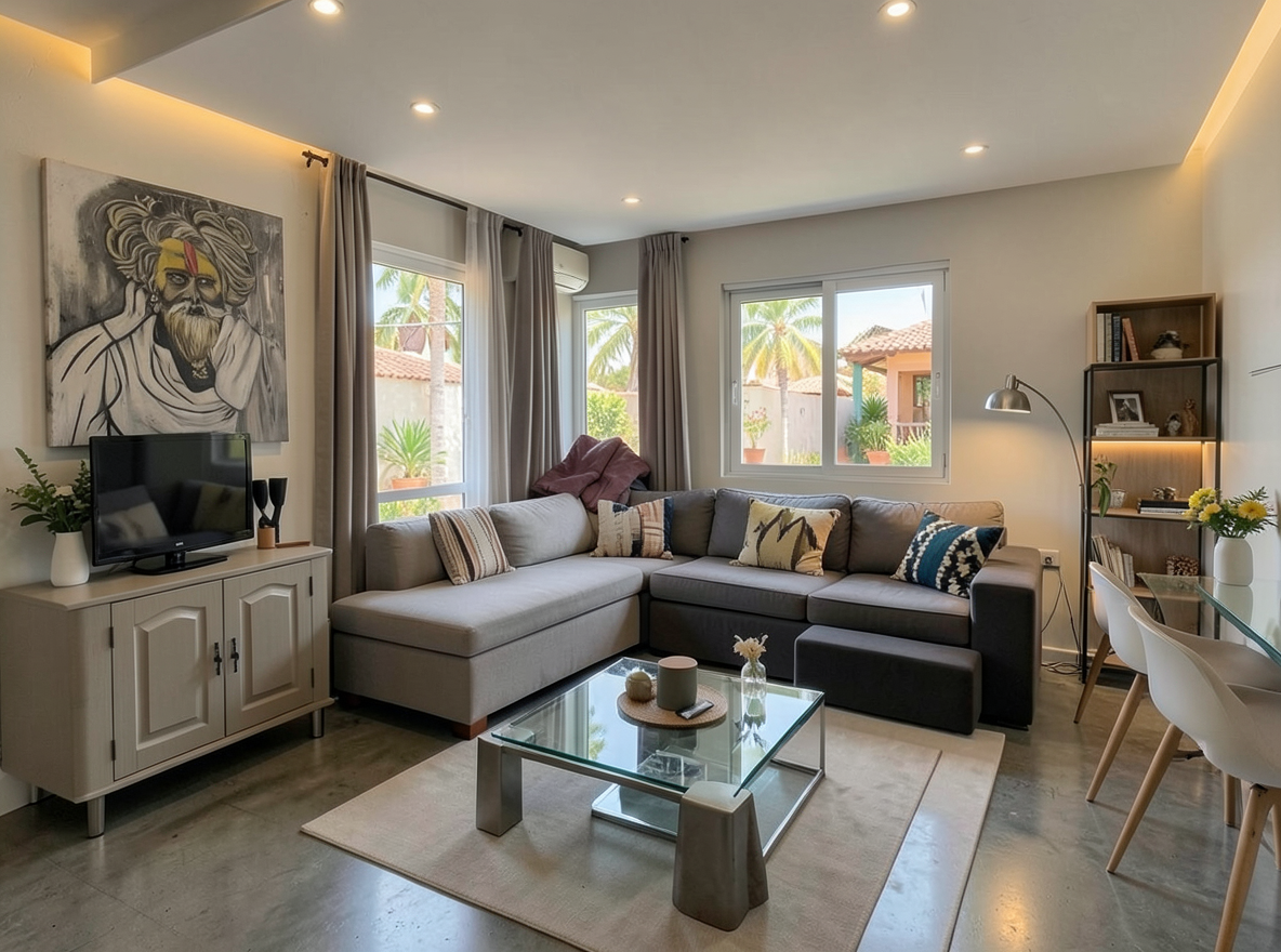 Main redesign studio: Redesign this room in a Modern interior style: clean lines, a neutral palette with bold accents, sleek low-profile furniture, glass and matte-metal su