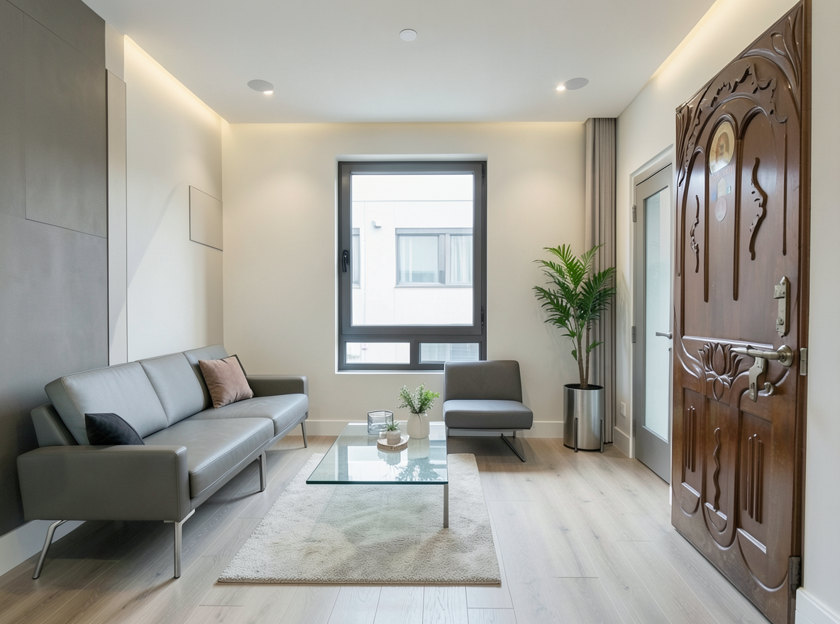 Main redesign studio: Redesign this room in a Modern interior style: clean lines, a neutral palette with bold accents, sleek low-profile furniture, glass and matte-metal su