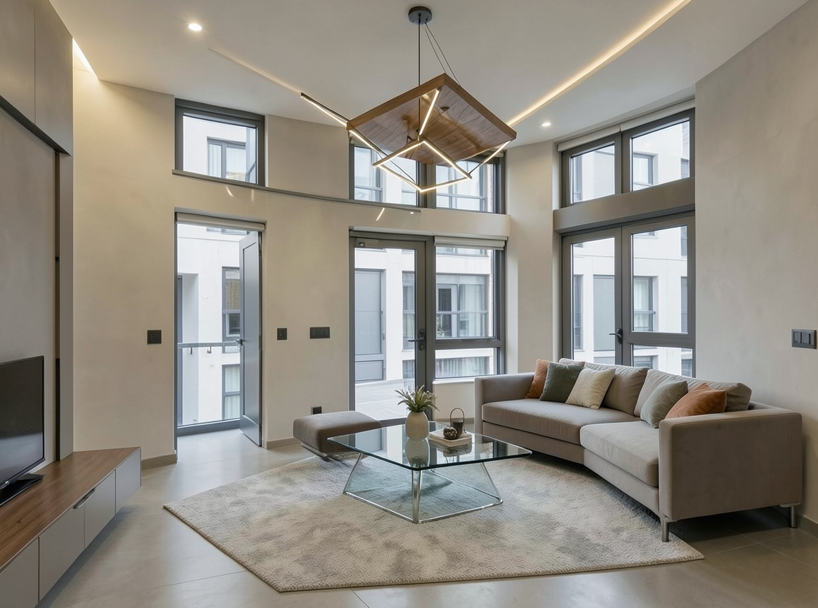 Main redesign studio: Redesign this room in a Modern interior style: clean lines, a neutral palette with bold accents, sleek low-profile furniture, glass and matte-metal su