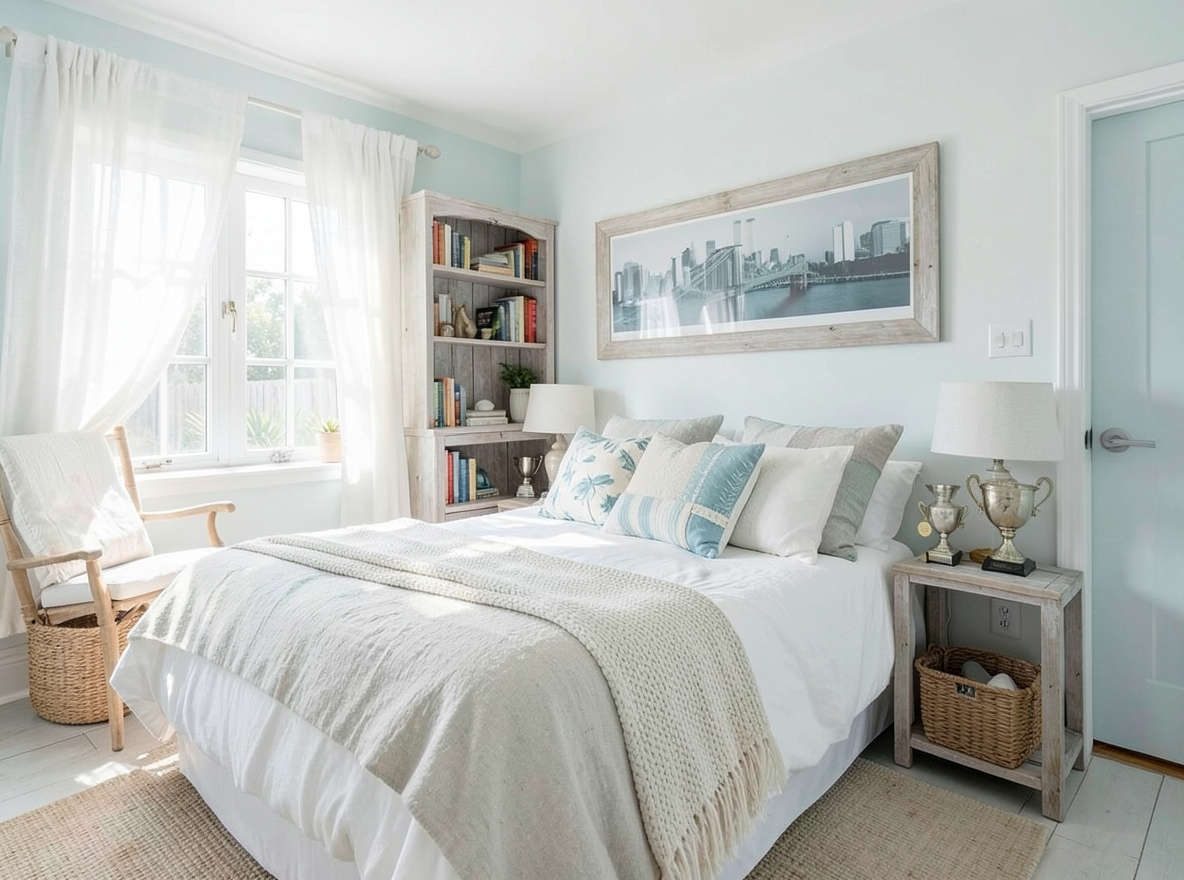 Main redesign studio: Redesign this room in a Coastal interior style: airy whites and soft-blue tones, weathered light wood, natural linen and woven textures, breezy sheer