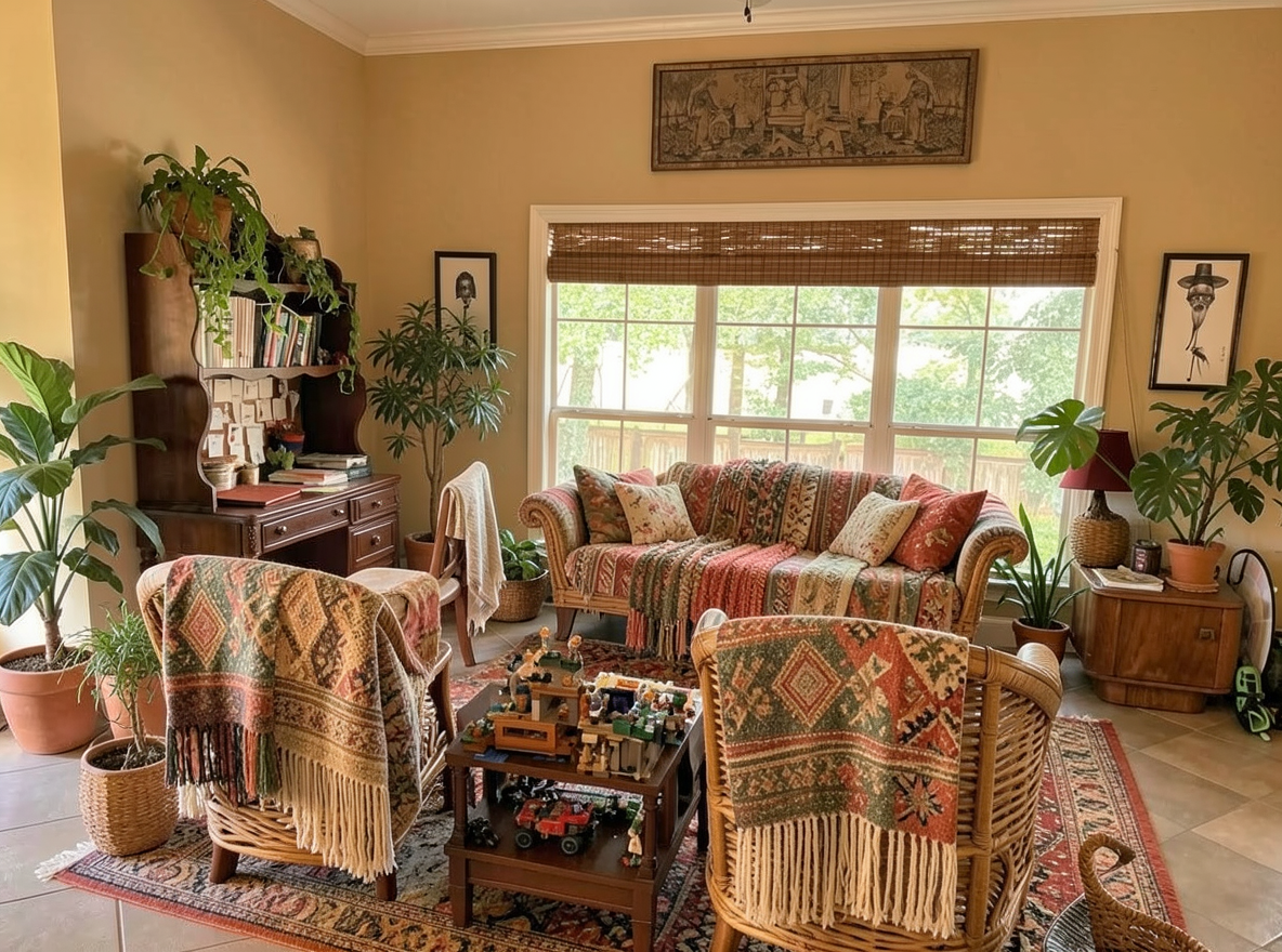 Main redesign studio: Redesign this room in a Boho interior style: layered patterned textiles, rattan and macramé, terracotta and warm earthy tones, abundant plants, vintag