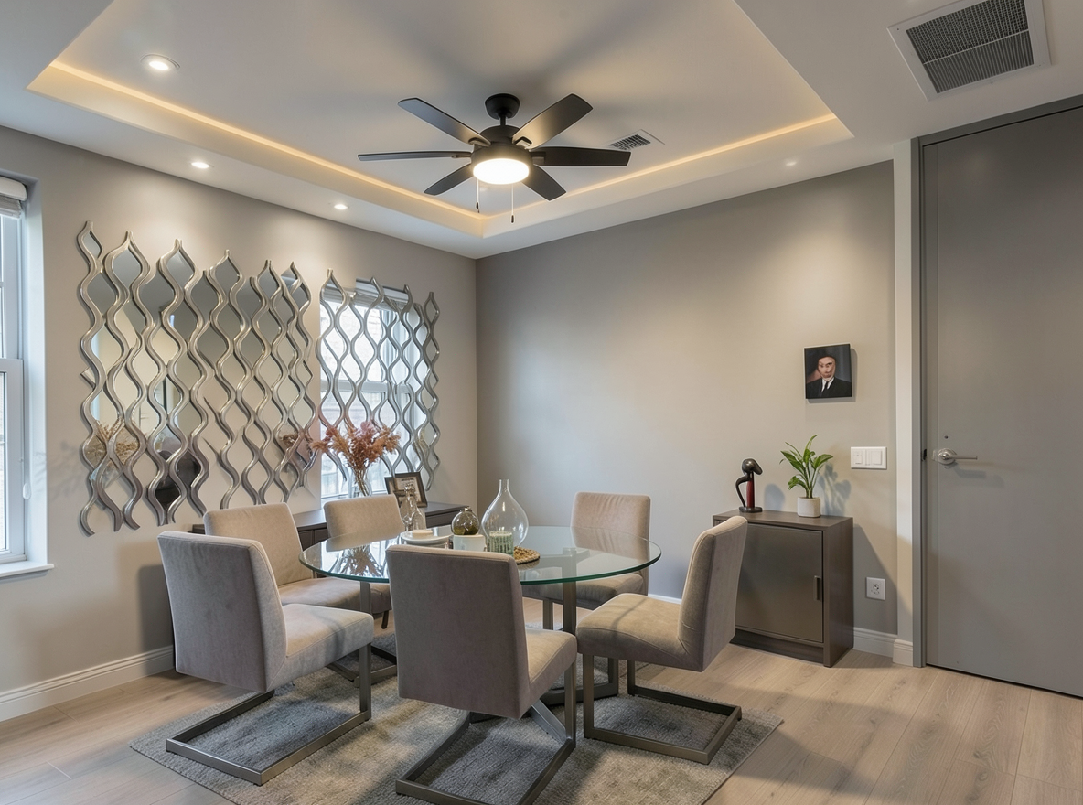 Main redesign studio: Redesign this room in a Modern interior style: clean lines, a neutral palette with bold accents, sleek low-profile furniture, glass and matte-metal su