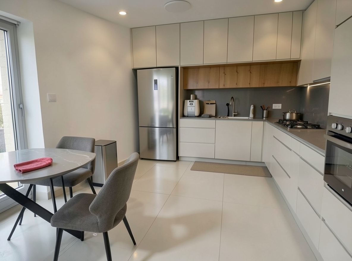 Main redesign studio: Redesign this room in a Modern interior style: clean lines, a neutral palette with bold accents, sleek low-profile furniture, glass and matte-metal su