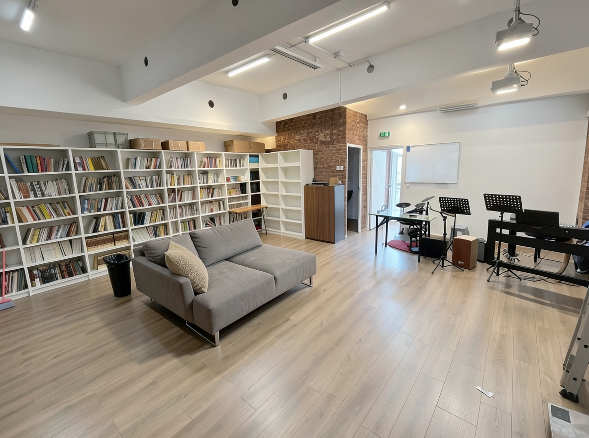 Main redesign studio: Redesign this room in a Modern interior style: clean lines, a neutral palette with bold accents, sleek low-profile furniture, glass and matte-metal su