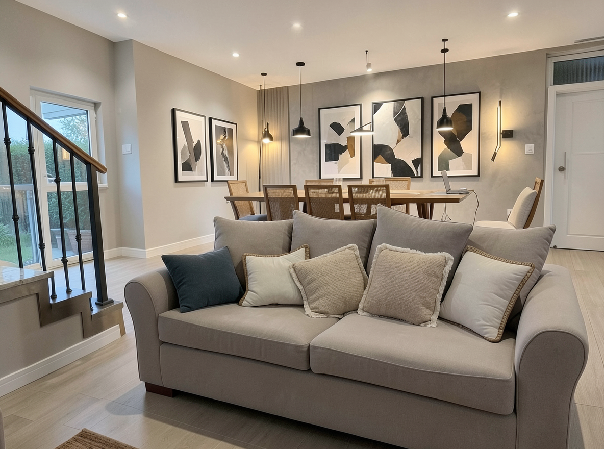 Main redesign studio: Redesign this room in a Modern interior style: clean lines, a neutral palette with bold accents, sleek low-profile furniture, glass and matte-metal su
