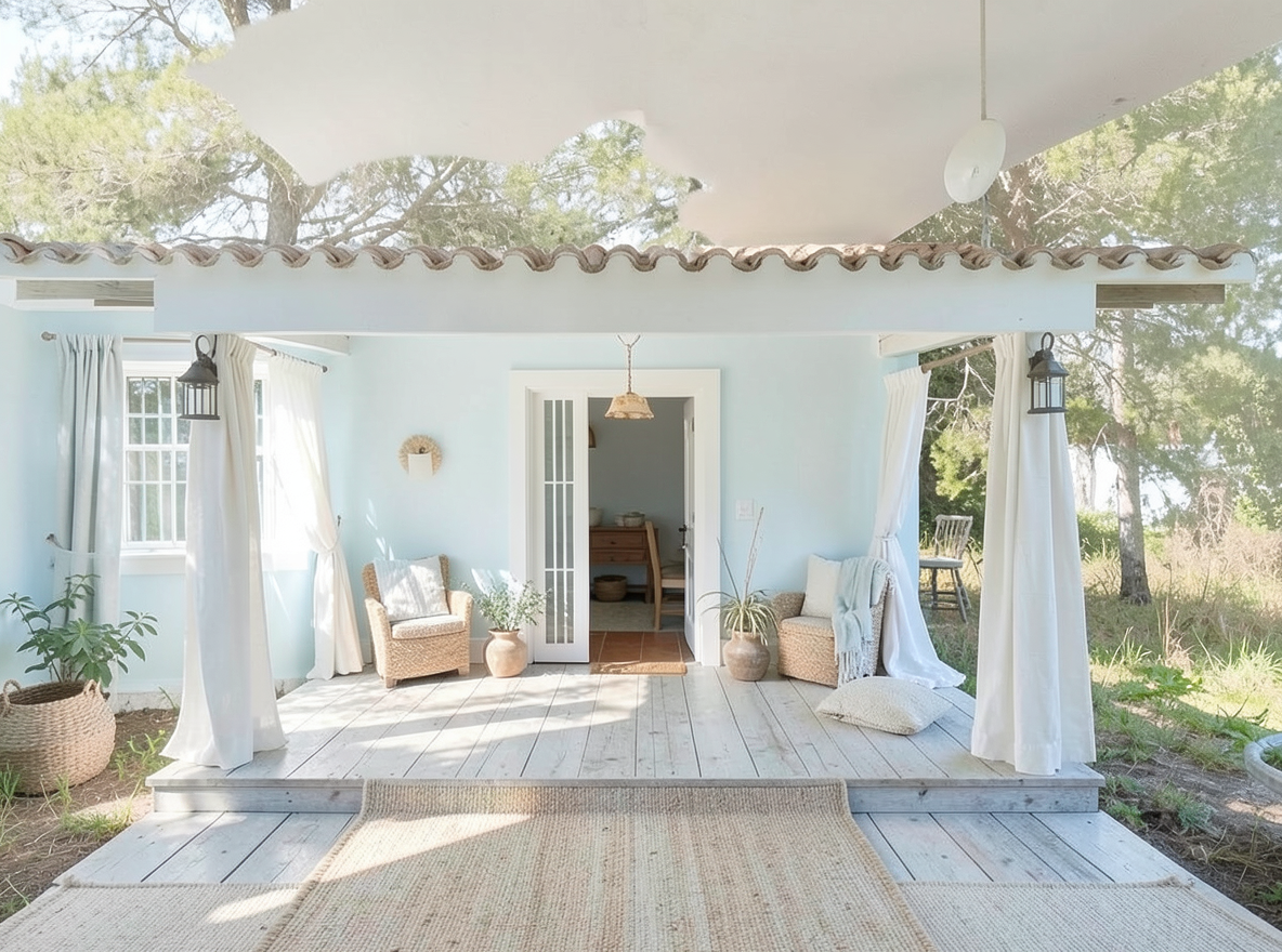 Main redesign studio: Redesign this room in a Coastal interior style: airy whites and soft-blue tones, weathered light wood, natural linen and woven textures, breezy sheer