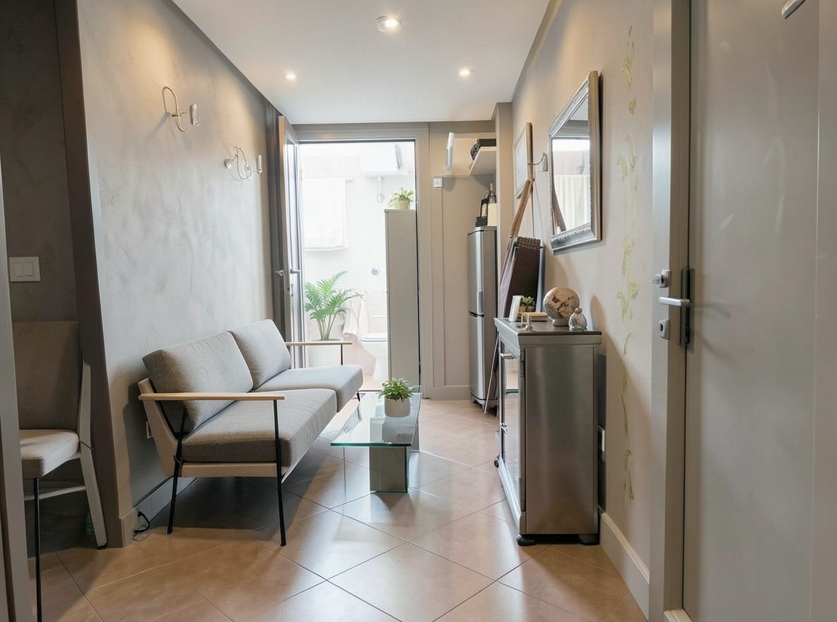 Main redesign studio: Redesign this room in a Modern interior style: clean lines, a neutral palette with bold accents, sleek low-profile furniture, glass and matte-metal su