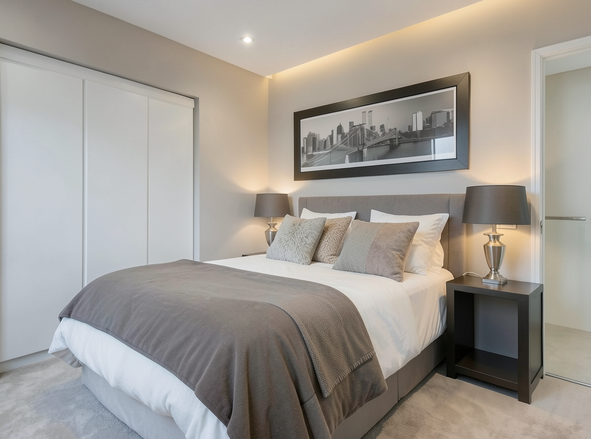 Main redesign studio: Redesign this room in a Modern interior style: clean lines, a neutral palette with bold accents, sleek low-profile furniture, glass and matte-metal su