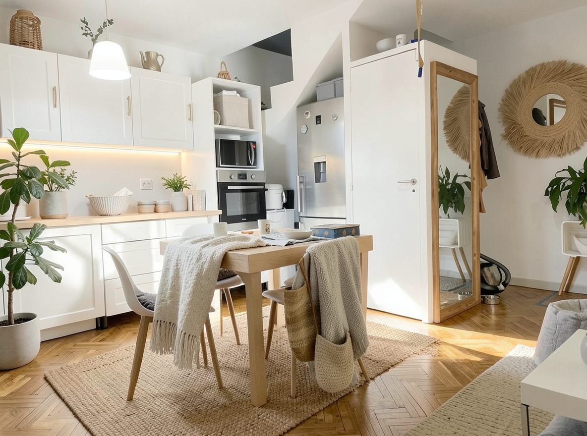 Main redesign studio: Redesign this room in a Scandinavian interior style: light oak wood, a white and soft-grey palette, wool and linen textiles, a woven jute rug, leafy p