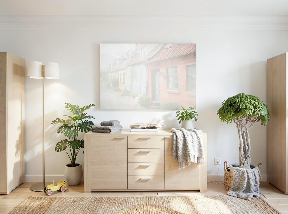 Main redesign studio: Redesign this room in a Scandinavian interior style: light oak wood, a white and soft-grey palette, wool and linen textiles, a woven jute rug, leafy p
