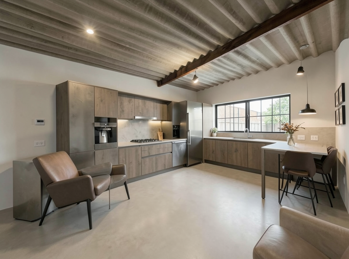 Main redesign studio: Redesign this room in a Modern interior style: clean lines, a neutral palette with bold accents, sleek low-profile furniture, glass and matte-metal su