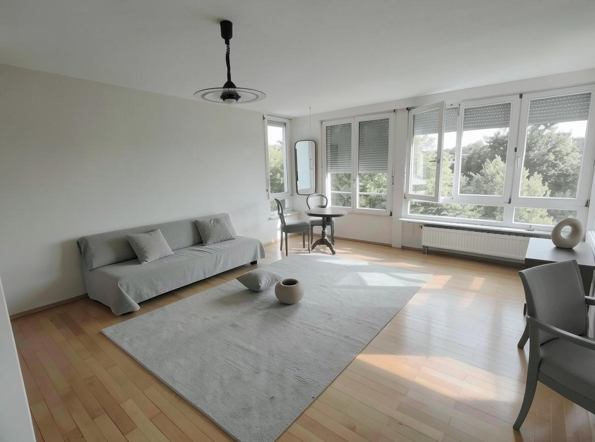 Main redesign studio: Redesign this room in a Minimalist interior style: an uncluttered space, a monochrome neutral palette, a few sculptural pieces, concealed storage, sof