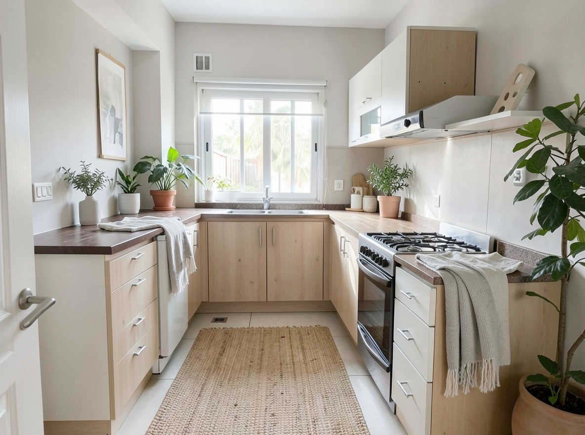 Main redesign studio: Redesign this room in a Scandinavian interior style: light oak wood, a white and soft-grey palette, wool and linen textiles, a woven jute rug, leafy p
