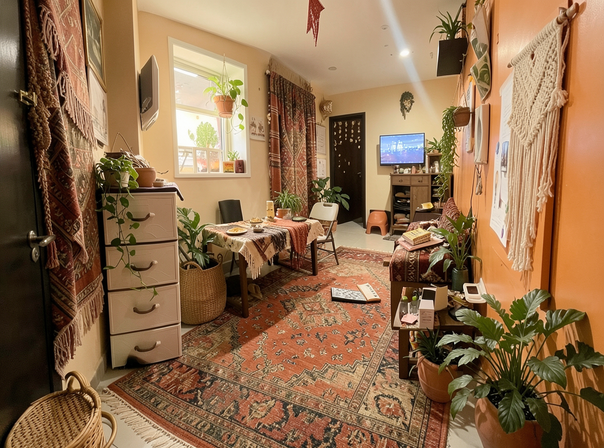 Main redesign studio: Redesign this room in a Boho interior style: layered patterned textiles, rattan and macramé, terracotta and warm earthy tones, abundant plants, vintag