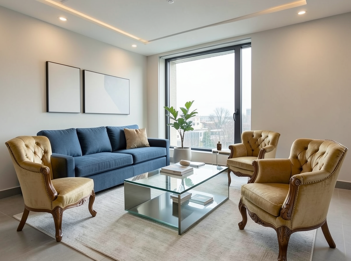 Main redesign studio: Redesign this room in a Modern interior style: clean lines, a neutral palette with bold accents, sleek low-profile furniture, glass and matte-metal su