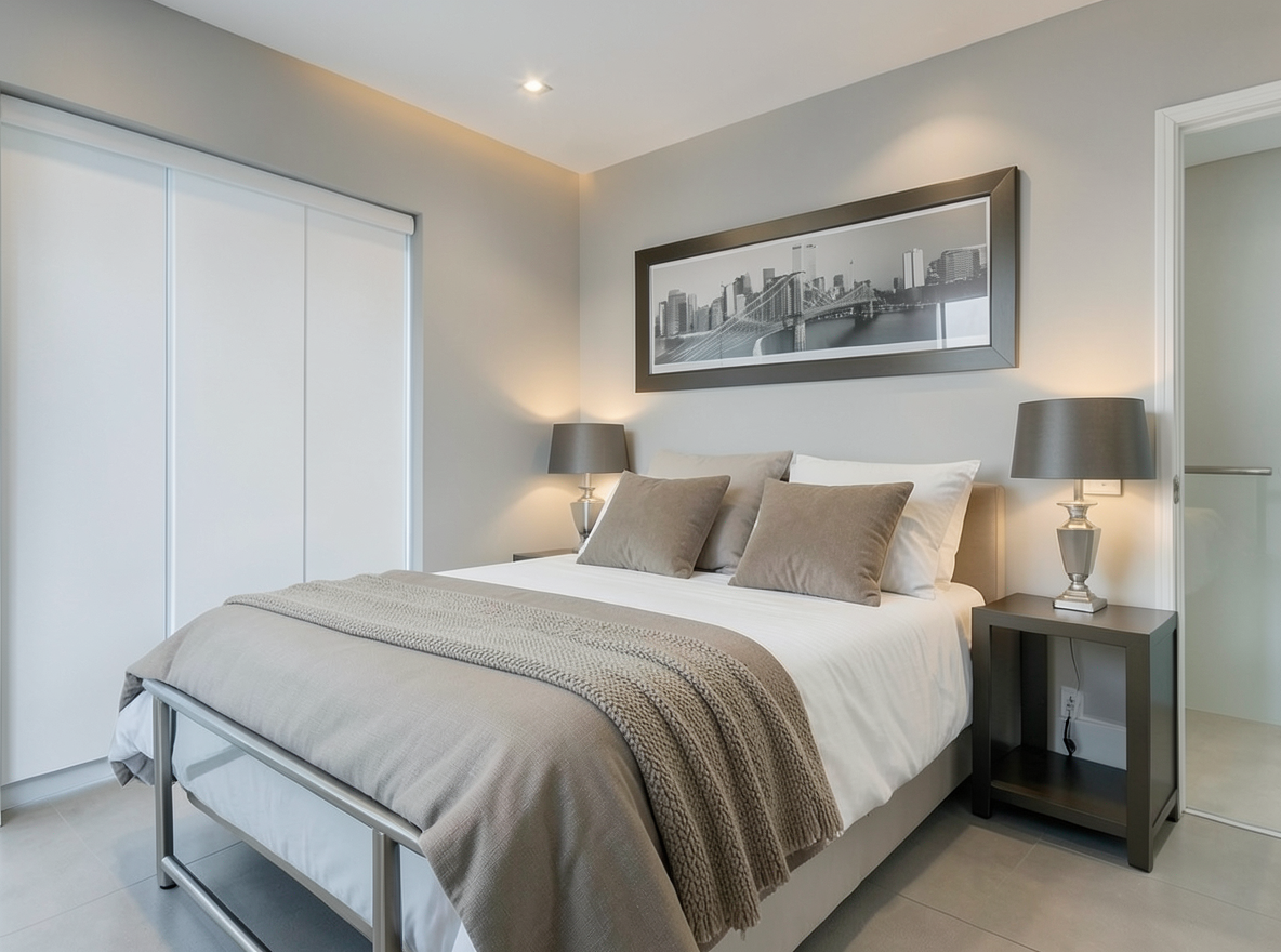 Main redesign studio: Redesign this room in a Modern interior style: clean lines, a neutral palette with bold accents, sleek low-profile furniture, glass and matte-metal su