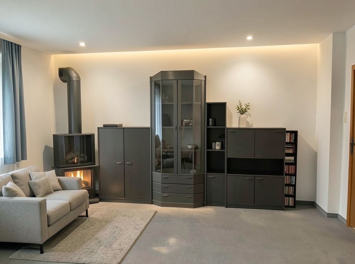 Main redesign studio: Redesign this room in a Modern interior style: clean lines, a neutral palette with bold accents, sleek low-profile furniture, glass and matte-metal su