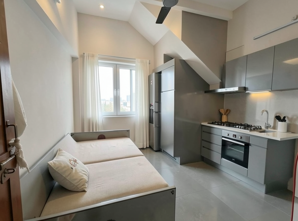 Main redesign studio: Redesign this room in a Modern interior style: clean lines, a neutral palette with bold accents, sleek low-profile furniture, glass and matte-metal su