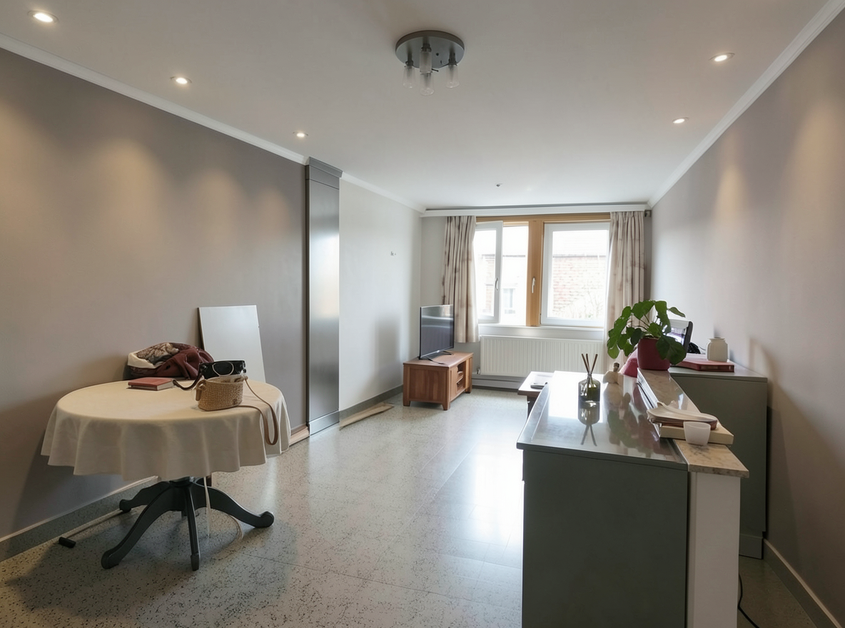 Main redesign studio: Redesign this room in a Modern interior style: clean lines, a neutral palette with bold accents, sleek low-profile furniture, glass and matte-metal su