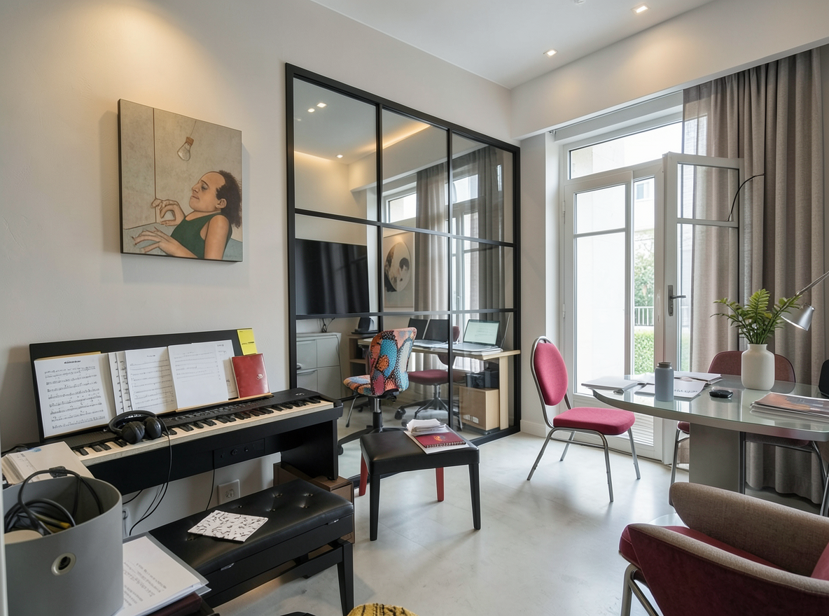 Main redesign studio: Redesign this room in a Modern interior style: clean lines, a neutral palette with bold accents, sleek low-profile furniture, glass and matte-metal su
