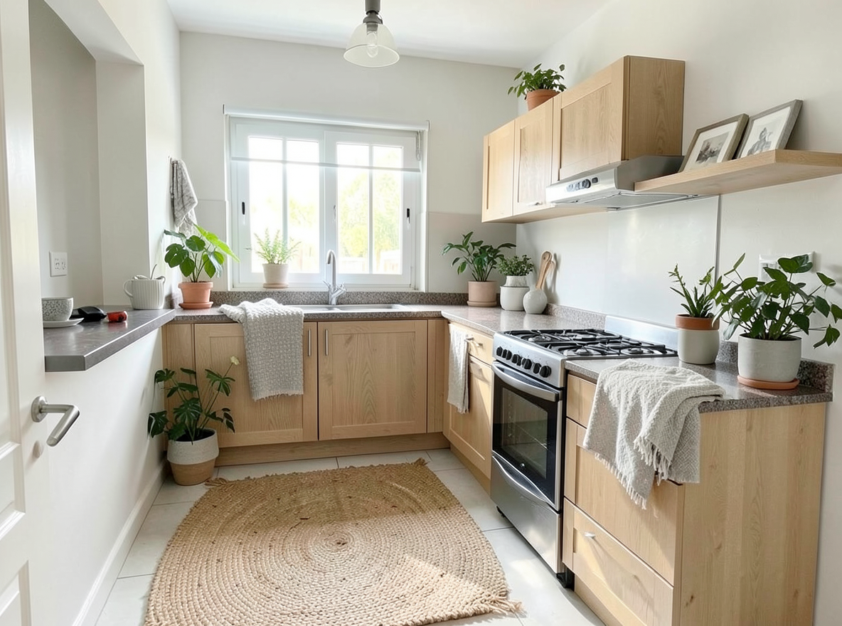 Main redesign studio: Redesign this room in a Scandinavian interior style: light oak wood, a white and soft-grey palette, wool and linen textiles, a woven jute rug, leafy p