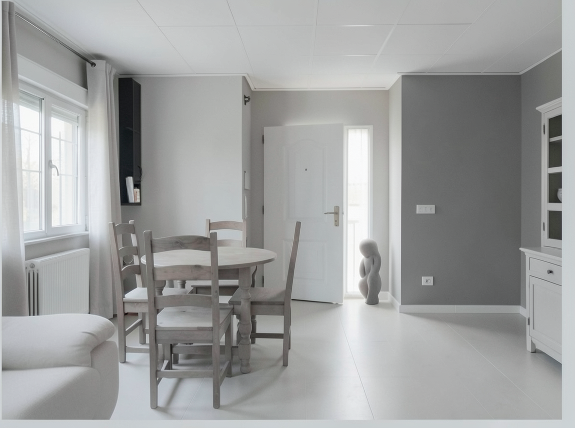 Main redesign studio: Redesign this room in a Minimalist interior style: an uncluttered space, a monochrome neutral palette, a few sculptural pieces, concealed storage, sof