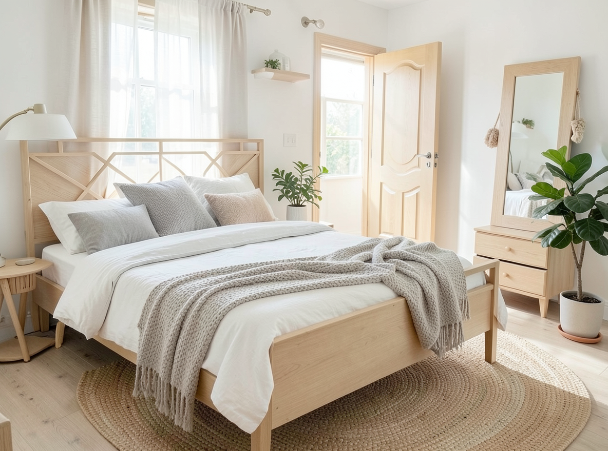 Main redesign studio: Redesign this room in a Scandinavian interior style: light oak wood, a white and soft-grey palette, wool and linen textiles, a woven jute rug, leafy p